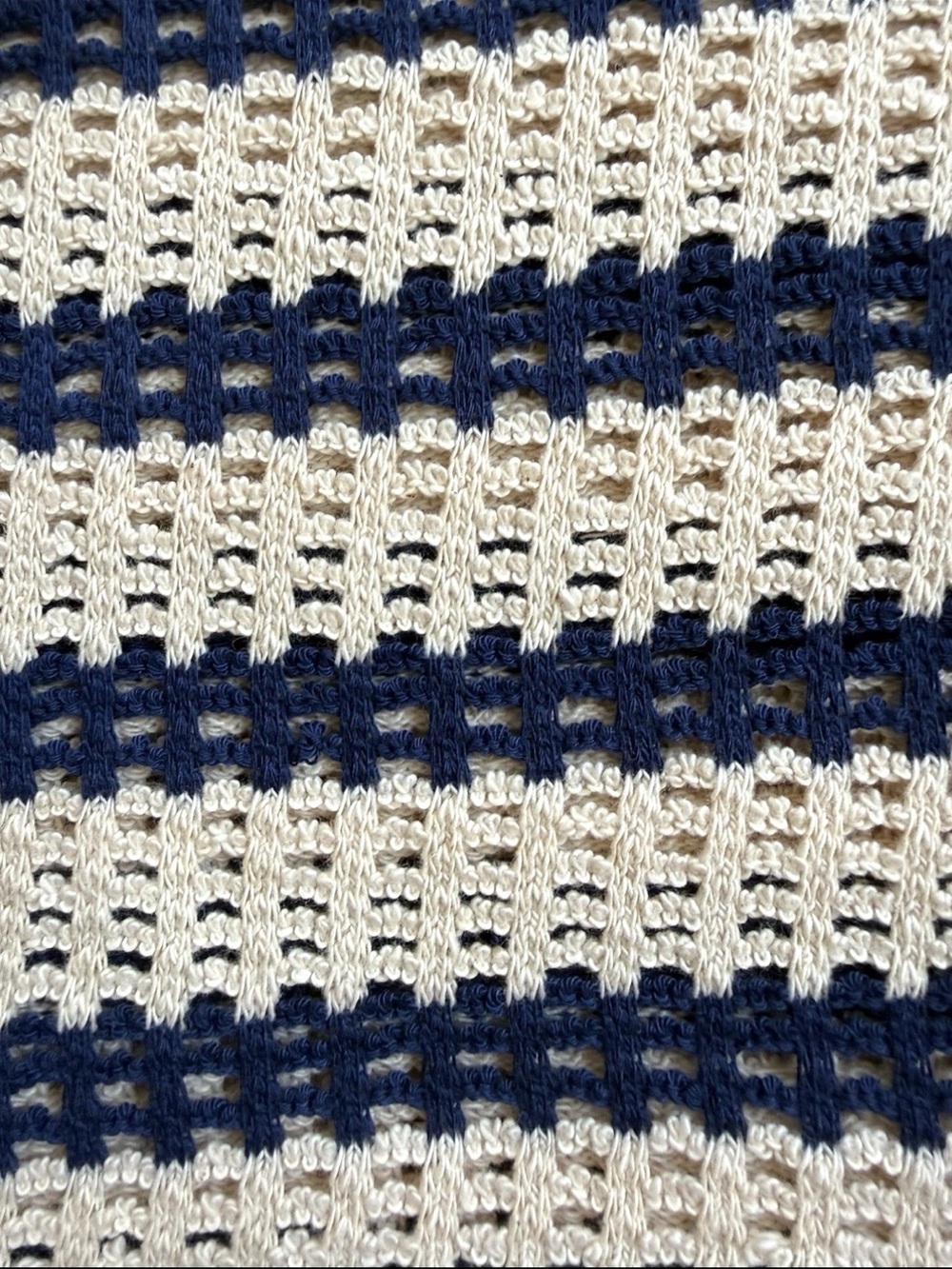VTG Y2K Blue Ivory Stripe Open Crochet Knit Stretch Apparel Fabric 39" L x 72" W